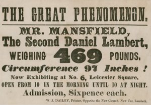 Anúncio para uma aparição do Sr. Mansfield, um segundo Daniel Lambert, pesando 469 libras de English School