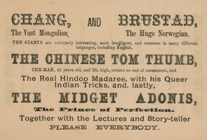 Anúncio para aparições de Chang, Brustad, O chinês Tom Thumb e The Midget Adonis de English School
