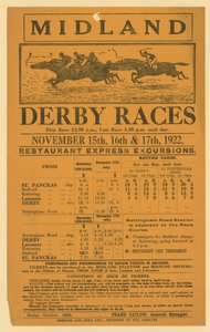 Anúncio para excursão ferroviária para Midland Derby Races, 15 a 17 de novembro de 1922 de English School