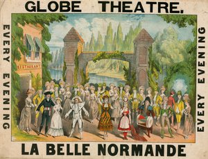Anúncio para o Globe Theatre, em Londres, para La Belle Normande de English School