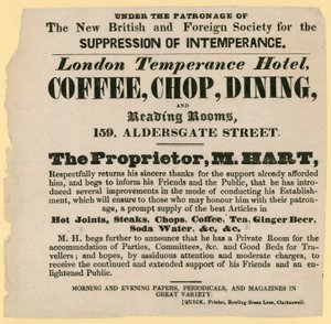 Anúncio para o London Temperance Hotel, sob o patrocínio da Nova Sociedade Britânica e Estrangeira para a Supressão da Intemperança de English School