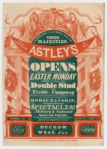 Anúncio para Astleys Amphitheater, abrindo para a temporada de verão, 8 de abril de 1833 de English School