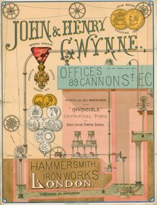 Anúncio para John e Henry Gwynne, 89 Cannon Street, Londres, fabricante da bomba centrífuga Invincible de English School
