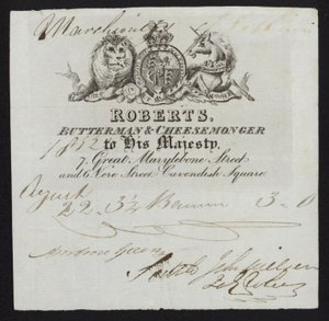 Anúncio para Roberts, butterman and cheesemonger, Londres de English School