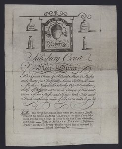 Anúncio para Roberts, comerciantes de tecidos, Salisbury Court, Fleet Street, Londres, onde o Dr. Anthony Daffy preparou o seu Elixir Salutis (gravura) de English School