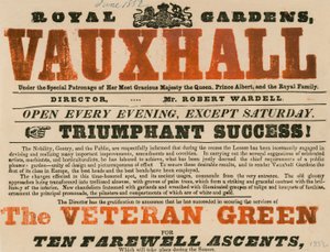 Anúncio para o jardim real, Vauxhall; Jardins Vauxhall, Londres de English School