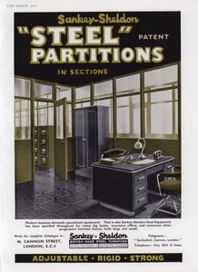 Anúncio para as divisórias de aço de Sankey-Sheldon, 1937 de English School