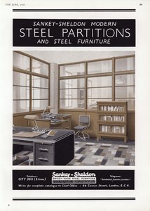 Anúncio para as divisórias de aço de Sankey-Sheldon, 1937 de English School