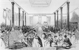 Anúncio para a manufatura da saia de Thomson, de &39;Harpers Weekly&39;, 1859 de English School