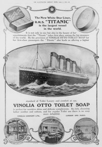 Anúncio do sabonete Vinolia Otto, utilizado no "Titanic", do "The Illustrated London News", 6 de abril de 1912 (gravura) (fotografia a preto e branco) de English School