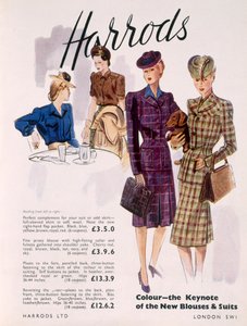 Publicidade para blusas e fatos femininos na Harrods, 1945 de English School