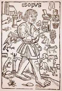 Esopo, frontispício de Aesops Fables por William Caxton (c.1422-91), 1434 (foto sépia)