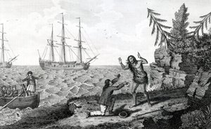 Afetando a entrevista de dois homens Mokito, ilustração tirada de Moores Voyages and Travels, 1778 de English School