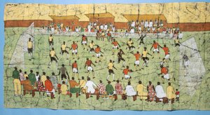 Batik Africano ilustrando um jogo de futebol com multidões assistindo nas arquibancadas (têxtil) de English School
