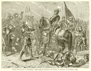 Depois da Batalha de Bosworth. Lord Stanley trazendo a coroa de Richard para Richmond, 1483 de English School