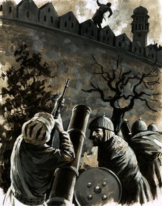 Akbar, rei dos Hindustan, chamou por um mosquete e, apontando, matou Jaimal, o comandante do forte (guache no papel) de English School