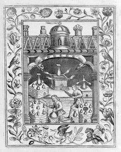 Laboratório de alquimia mostrando várias formas de fornos e vasos, tiradas do Theatrum Chemicum Britannicum por Elias Ashmole, 1652 de English School