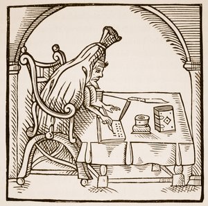 Imagem alegórica de Robert Green em sua mortalha funerária, de Greene in Conceipt por John Dickenson, 1598 (foto sépia) de English School