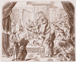 Imagem alegórica de Henrique VIII atropelando o papa Clemente, de uma gravura antiga no Museu Britânico de English School