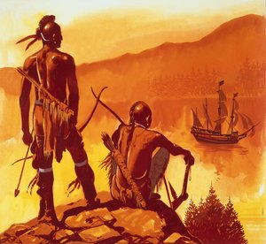 Índios americanos a olhar para o navio dos invasores de English School