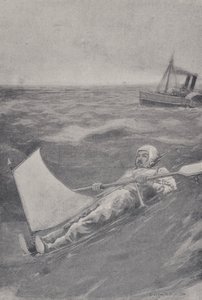 O aventureiro americano Paul Boyton cruzando o Canal da Mancha em terno de borracha de English School