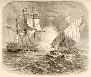 Um navio da marinha americana captura um navio pirata argelino ao largo da Costa da Barbária durante a Primeira Guerra da Barbárie (litografia) de English School