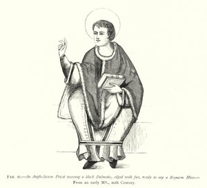 Um sacerdote anglo-saxão vestindo uma Dalmática preta, debruada com pelo, pronta para dizer uma missa de Requiem (gravura) de English School