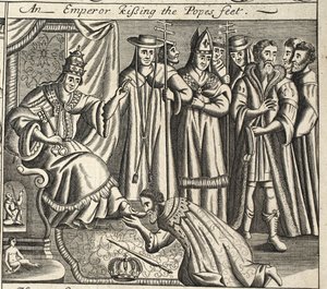 Um imperador que beija os pés dos papas, ilustração dos atos e monumentos por John Foxe, nona edição, bar. 1684 de English School