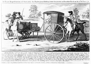 Uma representação exata de Maclaine, o homem da estrada Roubando Lord Eglington em Hounslow Heath em 26 de junho de 1750, impressão feita por Charles Mosley, 1750 de English School