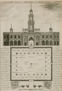 Uma elevação, plano e história do Royal Exchange, Londres de English School