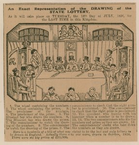 Uma representação exata do sorteio da Loteria do Estado como acontecerá em 18 de julho de 1826 pela última vez no Reino. de English School