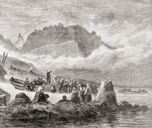 Um serviço ao ar livre na Ilha de Skye, Hébridas Interiores, de "Fotos escocesas desenhadas com caneta e lápis", de Samuel G. Green, publicado em 1886 de English School