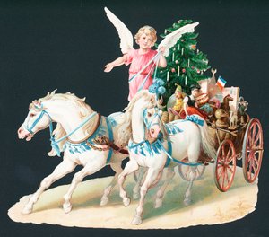 Anjo a cavalo entregar presentes, cartão de Natal de English School