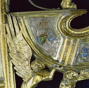 Anjo tocando um pequeno shawm, detalhe do crozier de William of Wykeham (c.1320-1404) (prata dourada e esmalte champleve) de English School