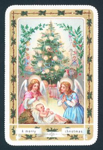 Anjos e bebê, cartão de Natal de English School