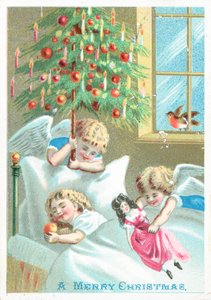 Anjos que olham a criança na cama, cartão de Natal de English School