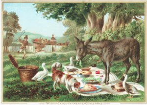 Animais comendo o piquenique, cartão de Natal de English School