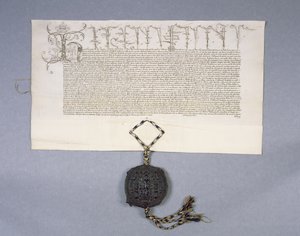 Arquivo 11980: Concessão de registro de carta pelo rei Henrique VI a New College Oxford das propriedades de Newton Longville, 1441 (tinta em pergaminho) de English School