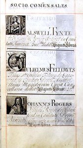 Arquivo 3693 f.63 Página com três benfeitores do New College, Oxford; Halswell Tynte, Gulielmus Fellowes e Johannes Rogers, de um Livro de Benefícios de English School