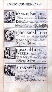 Arquivo 3693 f.65 Página com quatro benfeitores do New College, Oxford; Joannes Rolle, Gulielmus Fitch, Thomas Hobbs Weeks e Johannes Bassett, de um Livro de Benefícios de English School