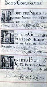 Arquivo 3693 f.95 Página com três benfeitores do New College, Oxford; Robertus Neale, Henricus Gulislmus Portman e Henricus Pawlet St. de English School