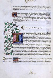 Arquivo 9432 f.15v Página de texto com inicial iluminada, do Livro de Fundações de Robert Sherborne ou Shirburn (c.1450-1536) Bispo de Chichester (vellum) de English School