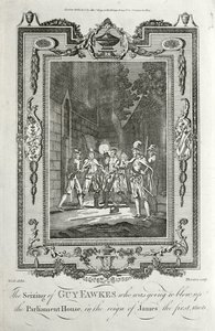 Prisão de Guy Fawkes por tentativa de explodir as Câmaras do Parlamento no Lote da Pólvora, 5 de Novembro de 1605 (gravura) de English School