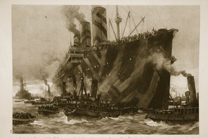 Chegada a França do Leviathan de transporte dos EUA, o único transatlântico alemão, Vaterland, com 12.000 tropas americanas a bordo, 1914-19 de English School