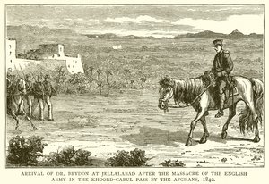 Chegada do Dr. Brydon em Jellalabad após o massacre do exército inglês na passagem de Khoord-Cabul pelos afegãos, 1842 de English School