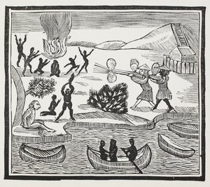 Chegada dos selvagens com prisioneiro cristão, ilustração dos Chap-livros do século XVIII por John Ashton, bar. 1882 de English School