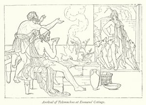 Chegada de Telemachus à casa de campo de Eumaeus (litho) de English School