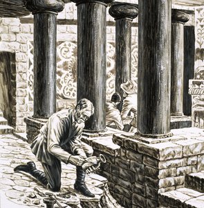 Arthur Evans explorando os restos do antigo palácio minoano em Knossos de English School