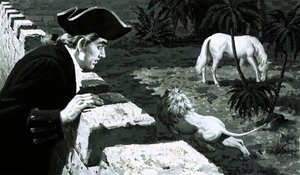 O artista George Stubbs observava como um leão a roubar em direcção a um cavalo da Barbary (guache no papel) de English School