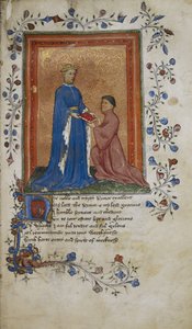 Arundel 38, f.37 Thomas Hoccleve apresenta um livro ao Príncipe Henrique de Lancaster, ilustração de 
